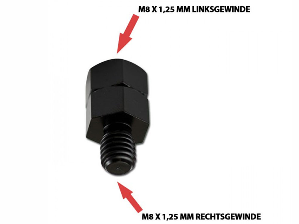 Adattatore a specchio M8 x 1,25 mm filettatura sinistra in M8 x 1,25 mm filettatura destra out - nero - dimensioni 25x13mm Adattatore a specchio M8 x 1,25 mm filettatura sinistra in M8 x 1,25 mm filettatura destra out - nero - dimensioni 25x13mm