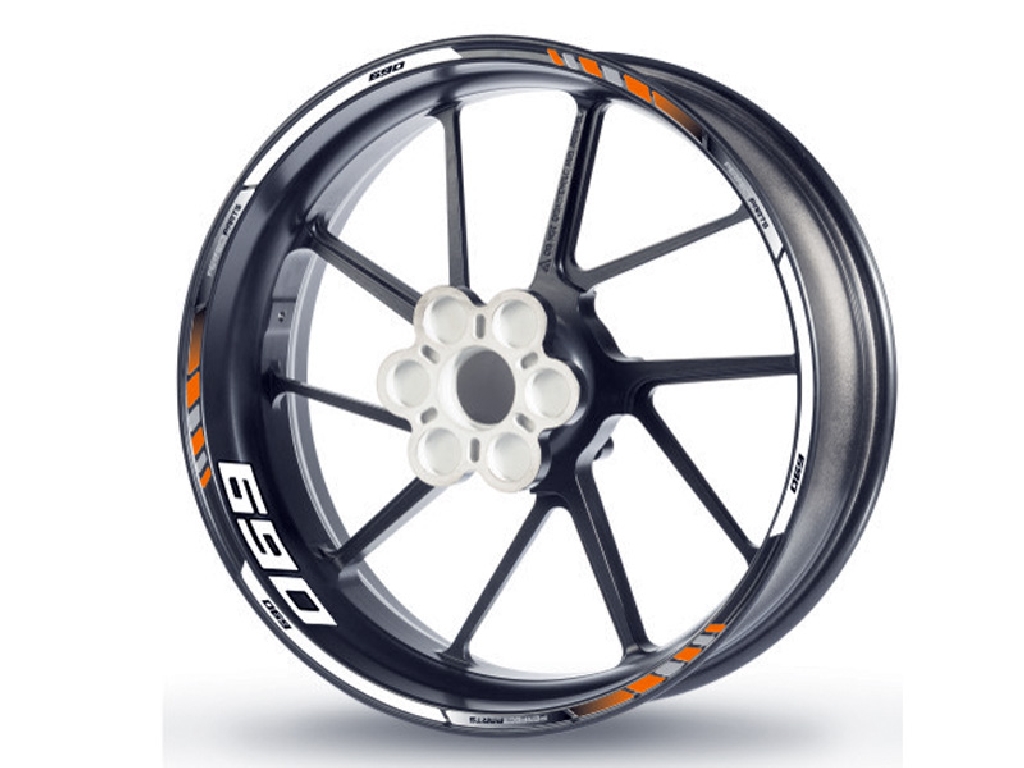 Adesivo per bordo del cerchio per KTM 690 arancio-bianco-nero Adesivo per bordo del cerchio per KTM 690 arancio-bianco-nero