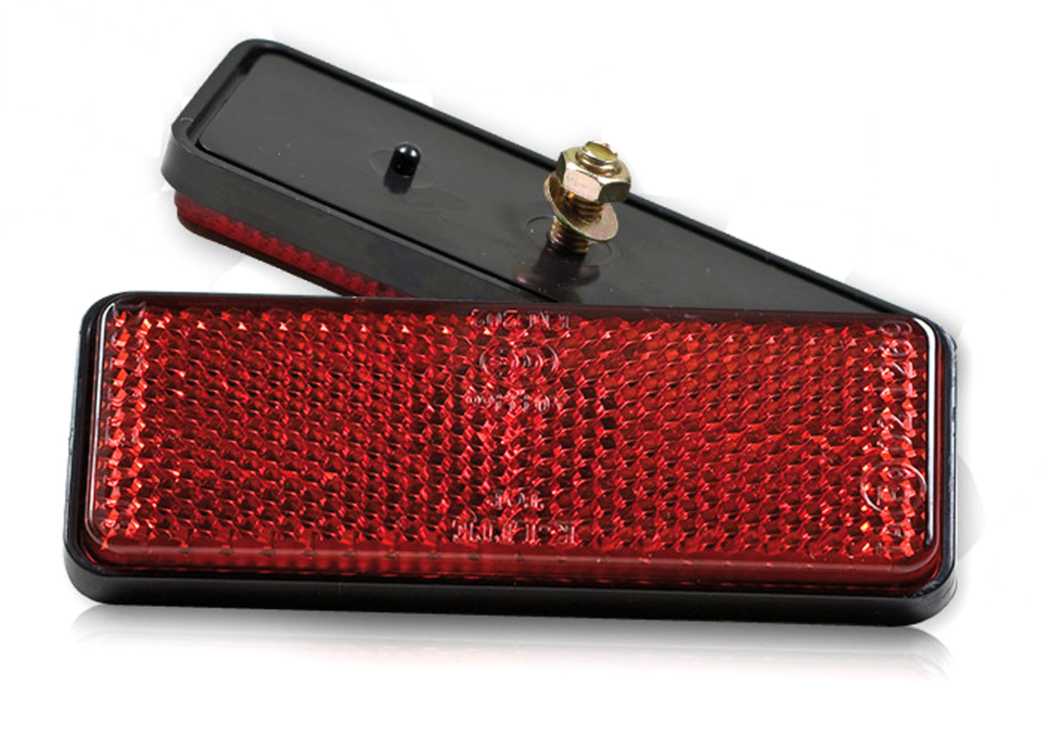 Riflettore 90x35x9 mm rettangolare rosso con bullone M5 Riflettore 90x35x9 mm rettangolare rosso con bullone M5
