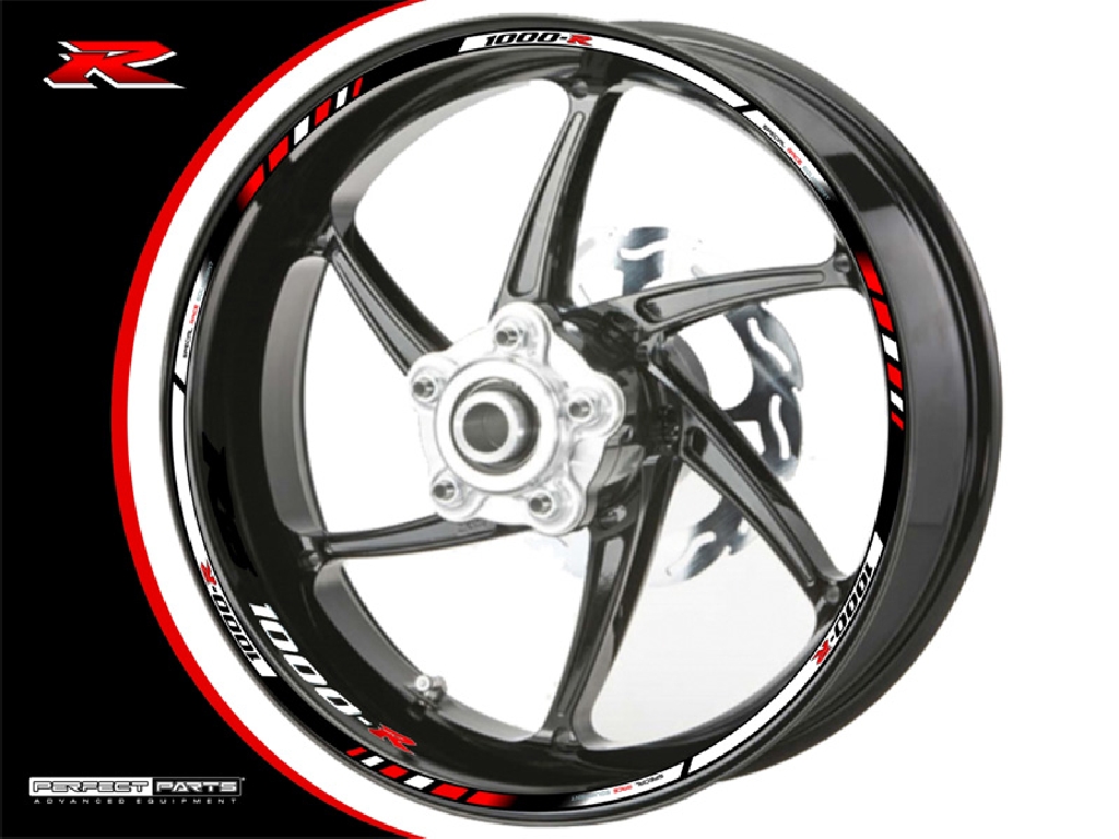 Adesivo bordo cerchio per Suzuki GSX-R 1000 bianco-nero-rosso Adesivo bordo cerchio per Suzuki GSX-R 1000 bianco-nero-rosso