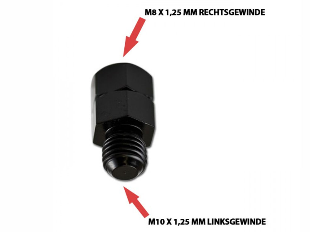 Adattatore per specchio M8 x 1,25 mm filettatura destra in M10 x 1,25 mm filettatura sinistra fuori - nero - dimensioni 25x13mm Adattatore per specchio M8 x 1,25 mm filettatura destra in M10 x 1,25 mm filettatura sinistra fuori - nero - dimensioni 25x13mm