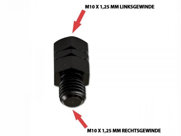 Mirror adapter M10 x 1.25 mm left thread in M10 x 1.25 mm right thread out - black - dimensions 25x13mm