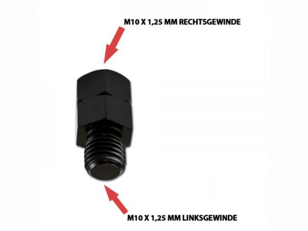 Mirror adapter M10 x 1.25 mm right hand thread in M10 x 1.25 mm left hand thread out - black - dimensions 25x13mm
