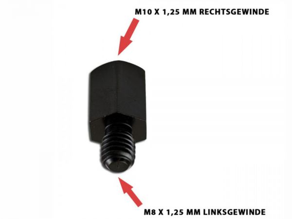 Mirror adapter M10 x 1.25 mm right-hand thread in M8 x 1.25 mm left-hand thread out -black - dimensions 25 x 13mm