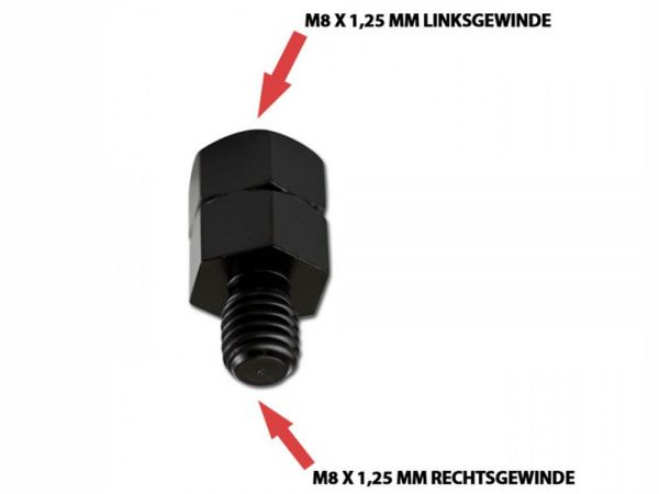 Mirror adapter M8 x 1.25 mm left thread in M8 x 1.25 mm right thread out - black - dimensions 25x13mm
