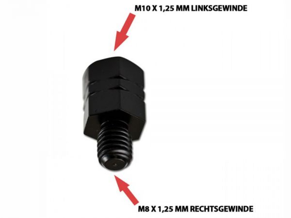 Mirror adapter M10 x 1.25 mm left thread in M8 x 1.25 mm right thread out - black - dimensions 25x13mm
