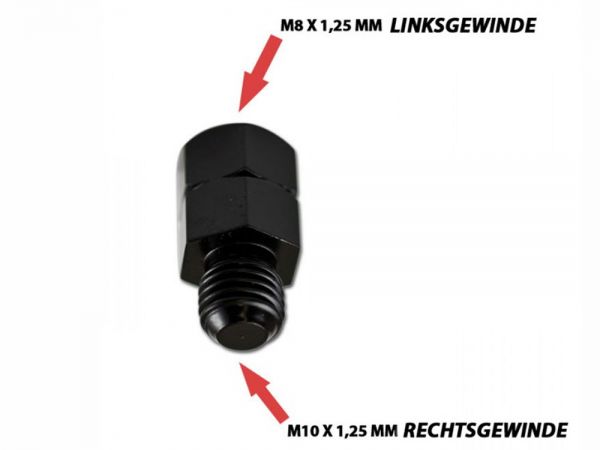 Mirror adapter M8 x 1.25 mm left thread in M10 x 1.25 mm right thread out - black - dimensions 25x13mm